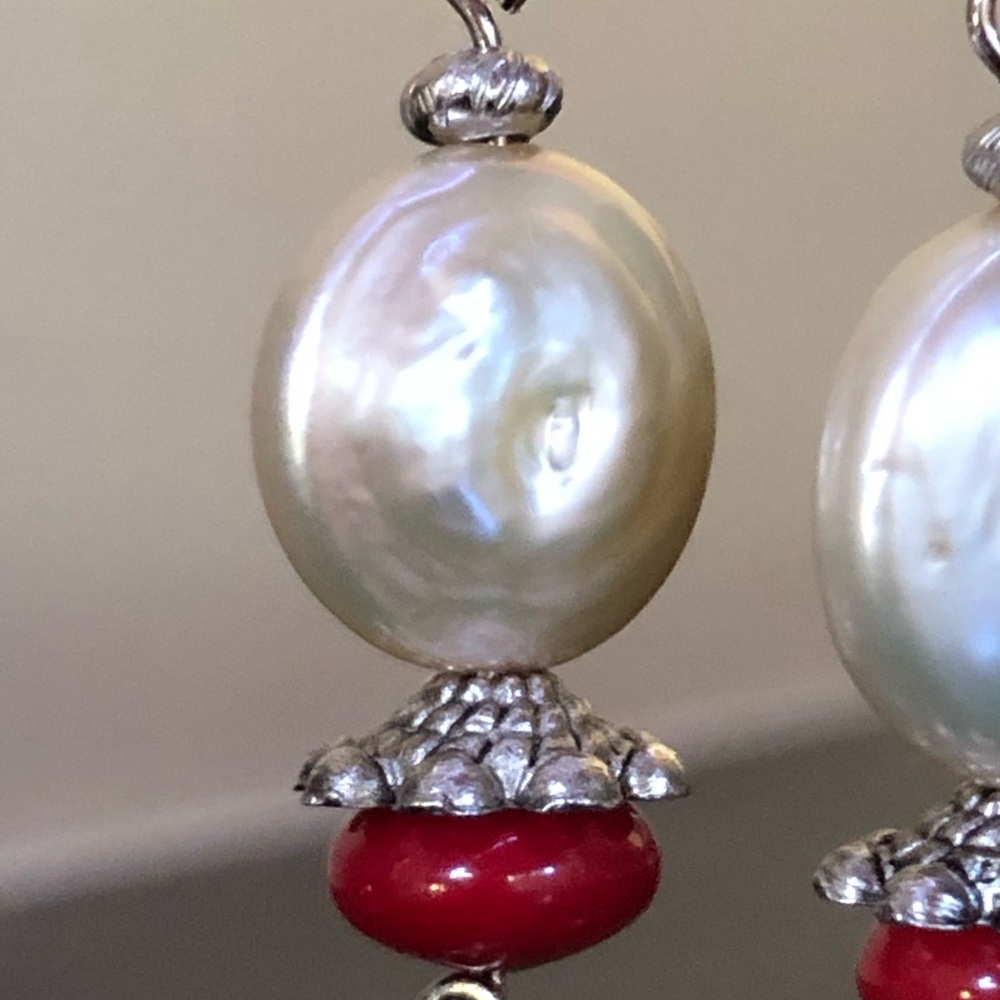 Handcrafted Genuine Silver Coin Pearl & Red Coral Bead Drop w/ Dangles Earrings - Picture 5 of 15